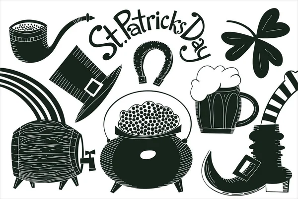 爱尔兰矢量图集 为圣帕克斯节手工绘制的小妖精帽 三叶草 啤酒瓶 金钱罐插图 — 图库矢量图片