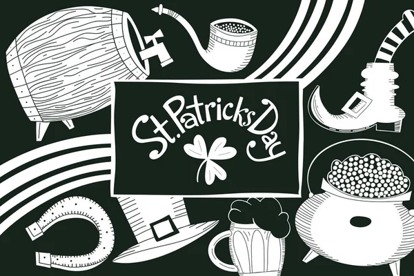 爱尔兰矢量背景 手工绘制的圣帕克斯节设计模板 Leprechaun帽子 三叶草 啤酒瓶 金币罐插图 — 图库矢量图片