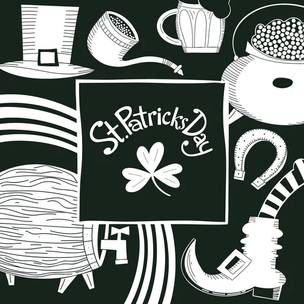 爱尔兰矢量背景 手工绘制的圣帕克斯节设计模板 Leprechaun帽子 三叶草 啤酒瓶 金币罐插图 — 图库矢量图片