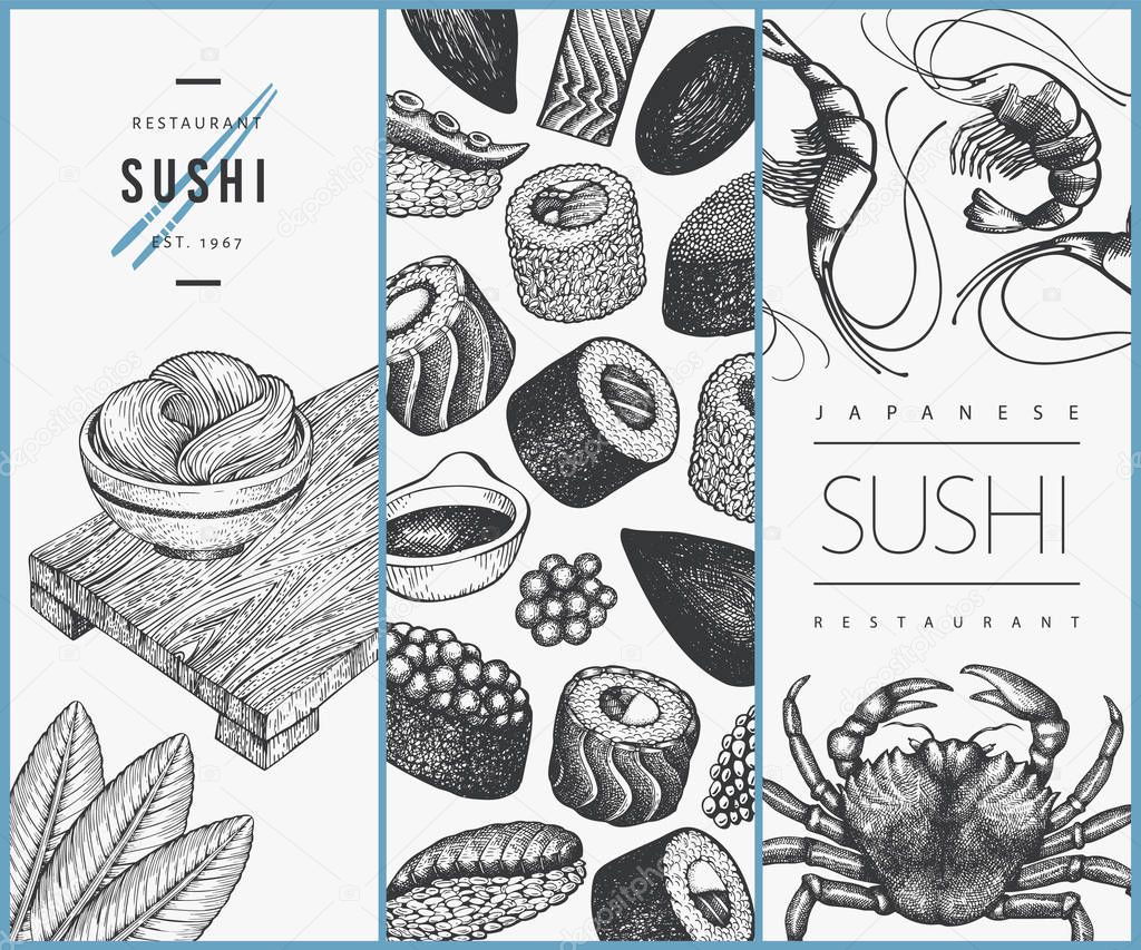 Japanese cuisine design template. Sushi hand drawn vector illustrations. Vintage style sian food background.
