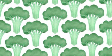 El çizimi renkli brokoli dikişsiz desen. Beyaz arka planda izole edilmiş organik taze sebze çizimi. Klasik sebze botanik arka planı.