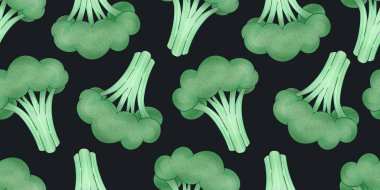 El çizimi renkli brokoli dikişsiz desen. Karanlık arka planda izole edilmiş organik taze sebze çizimi. Klasik sebze botanik arka planı.