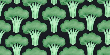 El çizimi renkli brokoli dikişsiz desen. Karanlık arka planda izole edilmiş organik taze sebze çizimi. Klasik sebze botanik arka planı.