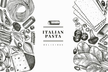 Ek tasarım şablonlu İtalyan makarnası. El çizimi vektör besin çizimi. İşlemeli stil. Retro makarna farklı türde arka plan.