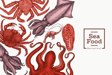 Deniz ürünleri tasarım şablonu. El çizimi deniz ürünleri çizimi. İşlenmiş stil yemek afişi. Eski deniz hayvanları arka planı