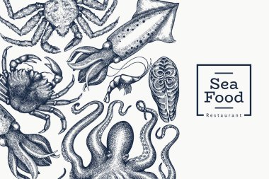 Deniz ürünleri tasarım şablonu. El çizimi deniz ürünleri çizimi. İşlenmiş stil yemek afişi. Eski deniz hayvanları arka planı