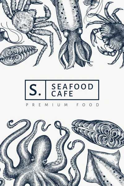 Seafood Design Template Hand Drawn Vector Seafood Illustration Engraved Style — Stock Vector