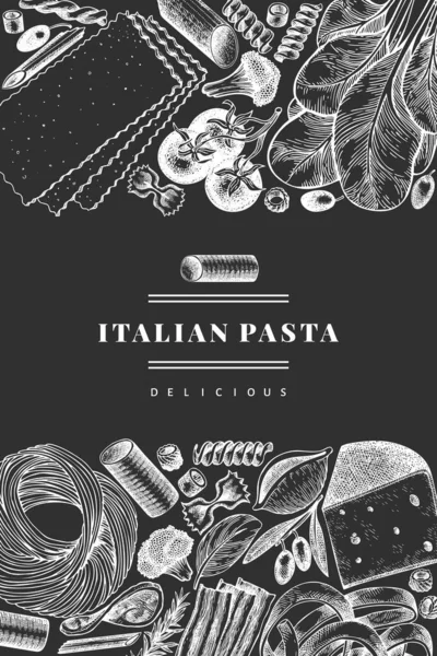 意大利面加了设计模板 粉笔板上手工绘制的矢量食物图解 雕刻风格 复古面食不同的背景 — 图库矢量图片