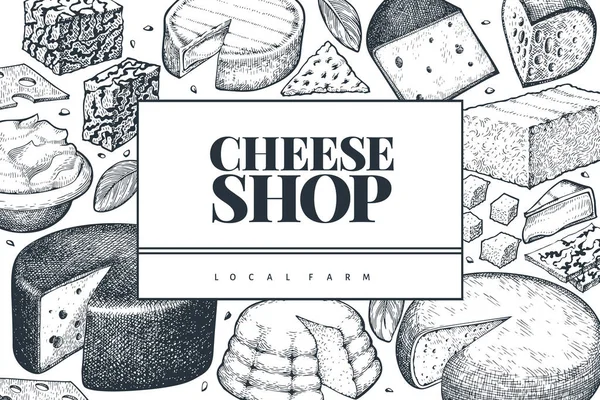奶酪设计模板 手绘病媒乳制品图解 雕刻风格不同的奶酪类横幅 复古食品背景 — 图库矢量图片