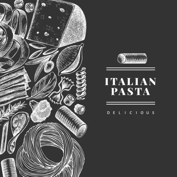 意大利面加了设计模板 粉笔板上手工绘制的矢量食物图解 雕刻风格 复古面食不同的背景 — 图库矢量图片