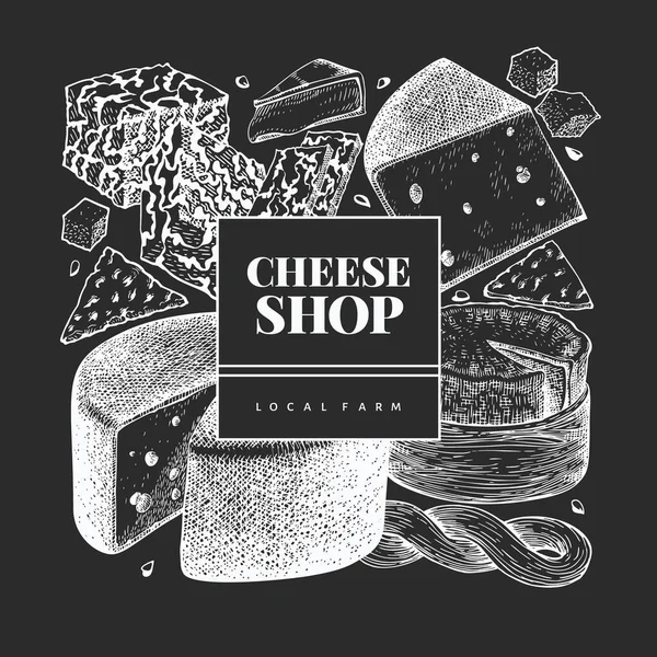 チーズのデザインテンプレート チョークボード上の手描きベクトル乳製品イラスト 刻まれたスタイルの異なるチーズの種類のバナー レトロな食べ物の背景 — ストックベクタ
