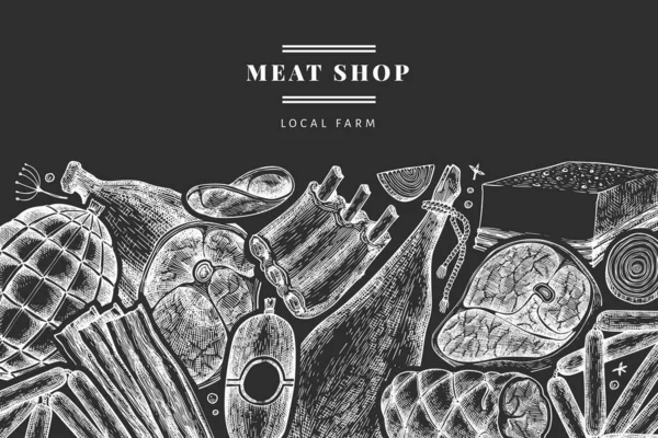 レトロベクトル肉製品デザインテンプレート ソーセージ ジャム スパイス ハーブを手描き チョークボード上のレトロなイラスト レストランメニューにご利用いただけます — ストックベクタ
