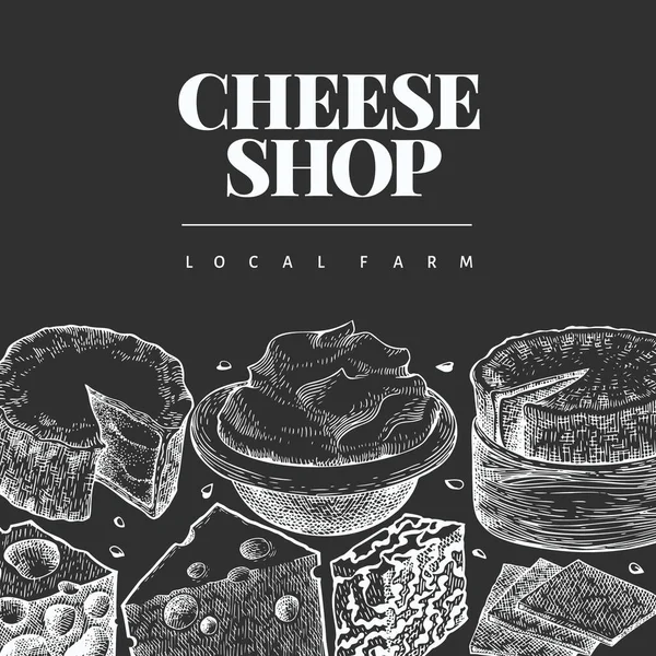 奶酪设计模板 粉笔板上手工绘制的病媒乳制品图解 雕刻风格不同的奶酪类横幅 复古食品背景 — 图库矢量图片