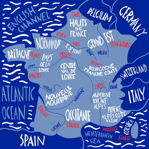 Vector Dibujado Mano Mapa Estilizado Francia Ilustración Viajes Con Nombres — Archivo Imágenes Vectoriales