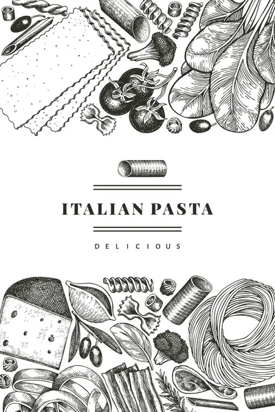 Italienische Pasta Mit Zusätzlicher Design Vorlage Handgezeichnete Vektorlebensmittelillustration Gravurstil Retro — Stockvektor