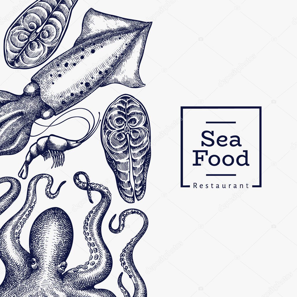 Seafood design template. Hand drawn vector seafood illustration. Engraved style food banner. Vintage sea animals background