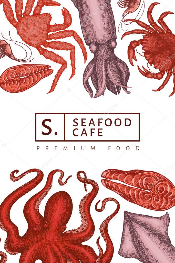 Seafood design template. Hand drawn vector seafood illustration. Engraved style food banner. Vintage sea animals background