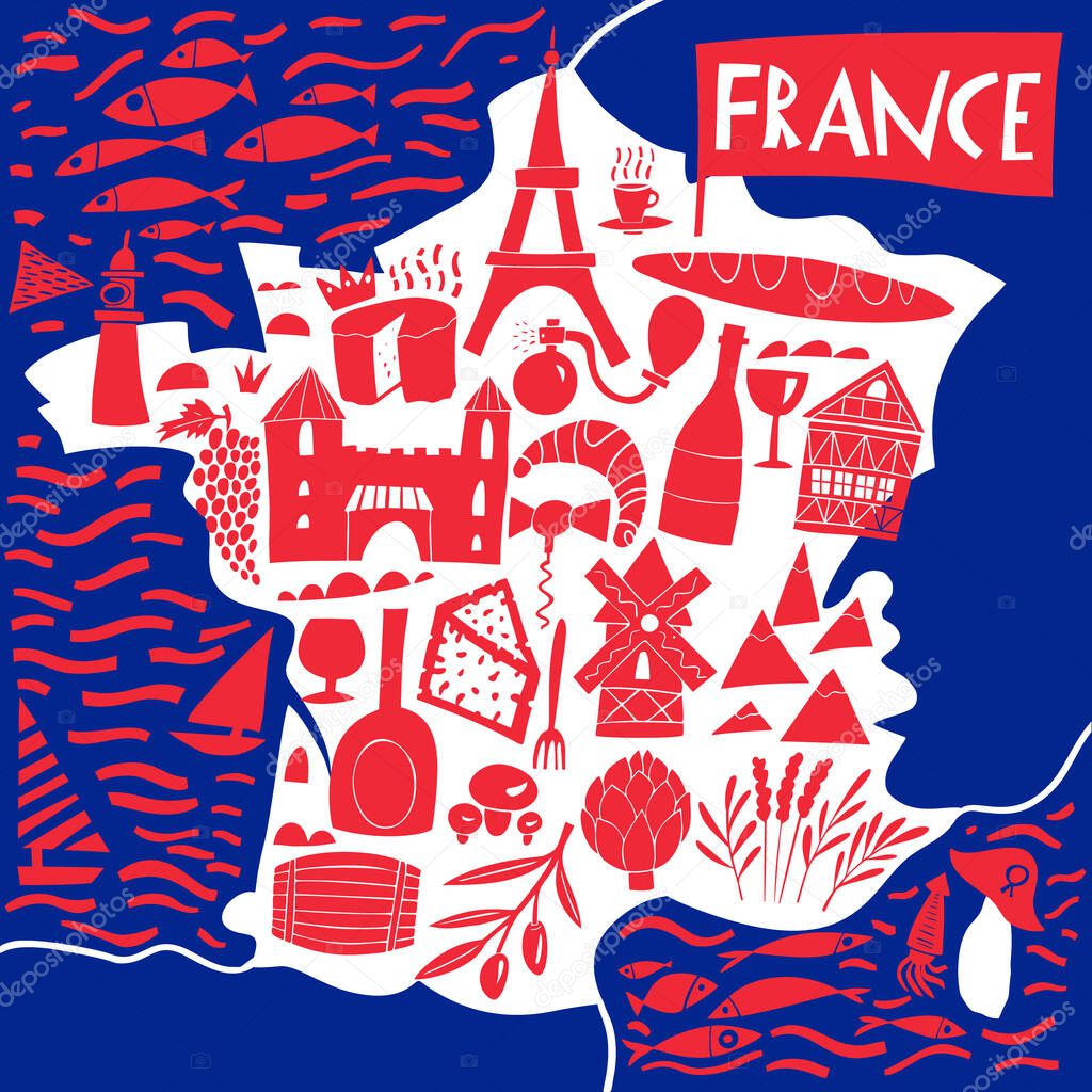 Vector hand drawn stylized map of France. Travel illustration with french landmarks, food and plants.