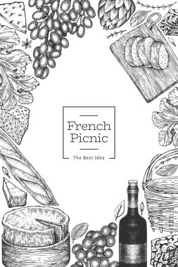 Fransız yemek tasarım şablonu. Elle çizilmiş vektör piknik yemeği çizimleri. İşlenmiş stil farklı aperatif ve şarap afişi. Retro gıda arka planı.