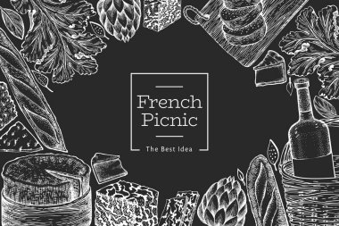 Fransız yemek tasarım şablonu. Tebeşir tahtasında el çizimi vektör piknik resimleri. İşlenmiş stil farklı aperatif ve şarap afişi. Retro gıda arka planı.