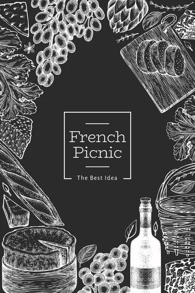 法国食品插图设计模板 粉笔板上手工绘制的矢量野餐用膳图解 雕刻风格不同的小吃和葡萄酒横幅 复古食品背景 — 图库矢量图片