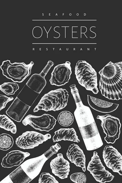Oysters Wine Design Template Hand Drawn Vector Illustration Chalk Board — Stock Vector