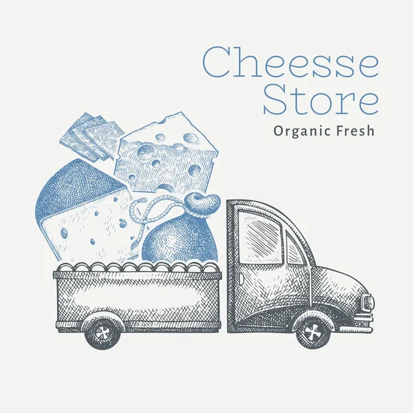 奶酪店交付标识模板 手绘带有奶酪插图的病媒卡车 雕刻风格复古食品设计 — 图库矢量图片
