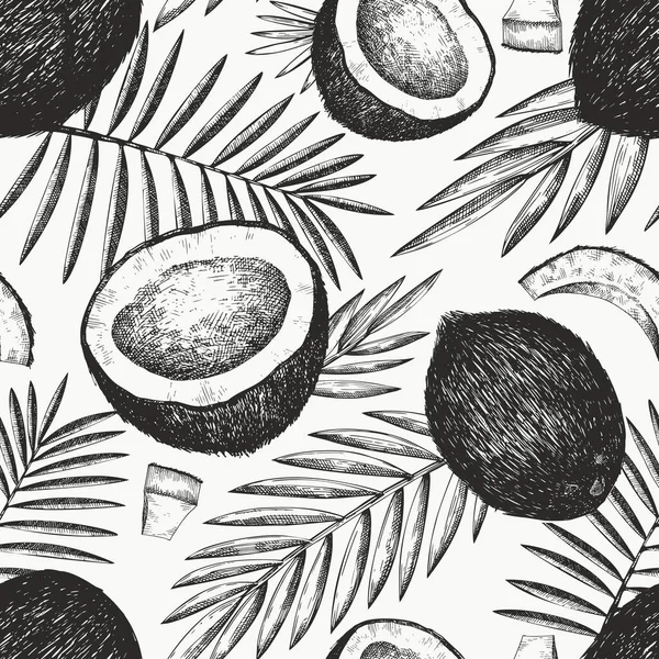 Кокос Пальмовим Листям Безшовний Візерунок Рука Намальована Векторна Ілюстрація Їжі — стоковий вектор