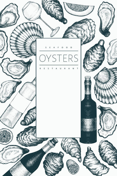 Устрицы и шаблон дизайна вина. Ручной рисунок вектора. Знамя морепродуктов. Может использоваться для дизайна меню, упаковки, фасовки, рыбного рынка, морепродуктов
.