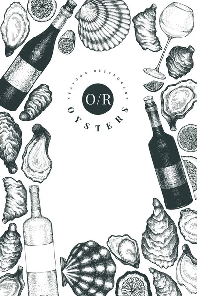 Ostras Modelo Design Vinho Ilustração Vetorial Desenhada Mão Banner Frutos —  Vetores de Stock