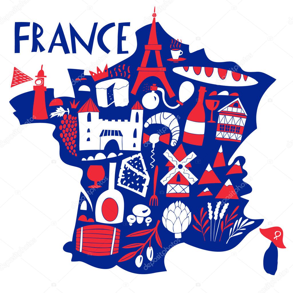 Vector hand drawn stylized map of France. Travel illustration with french landmarks, food and plants.