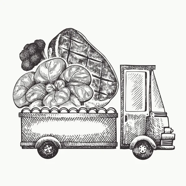 템플릿 손으로 트럭에 야채와 삽화를 실었습니다 빈티지 디자인 — 스톡 벡터