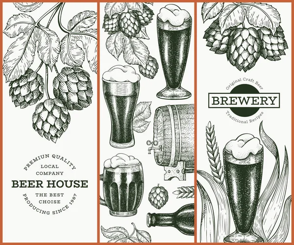 Conjunto Tres Plantillas Diseño Cerveza Ilustración Bebidas Pub Vectoriales Dibujadas — Archivo Imágenes Vectoriales