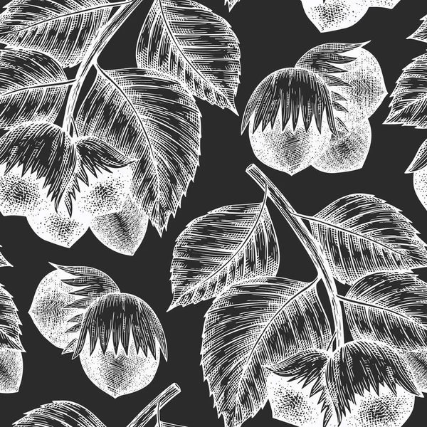 手绘毛绒螺母无缝图案 粉笔板上的有机食物矢量图解 复古坚果说明 雕刻风格的植物背景 — 图库矢量图片