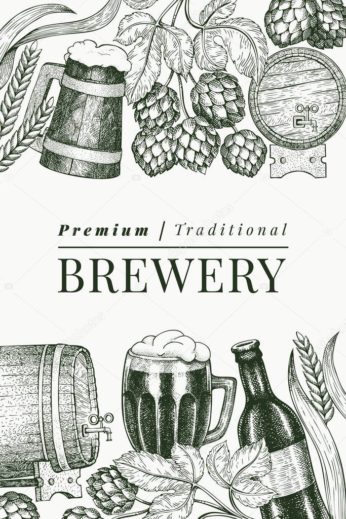 Beer glass mug and hop design template. Hand drawn vector pub beverage illustration. Engraved style. Vintage brewery illustration.