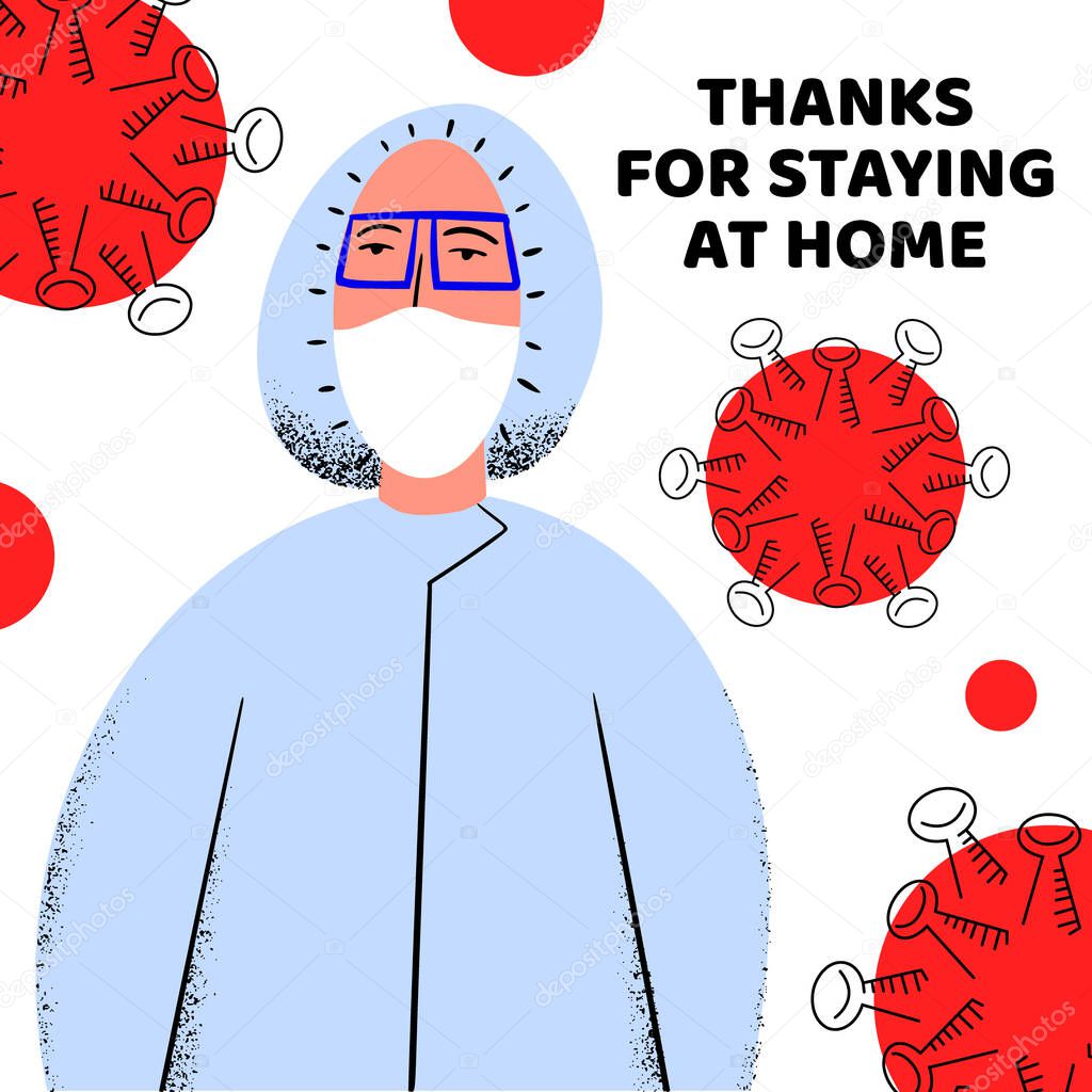 Thanks for staying at home. Pandemic medical concept banner with dangerous cells.Vector illustration. Coronavirus outbreak. Abstract 2019-nCoV background.