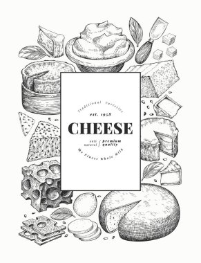 Peynir tasarım şablonu. El çizimi vektör sütçü çizimi. İşlenmiş stil farklı peynir türleri afişi. Retro gıda arka planı.
