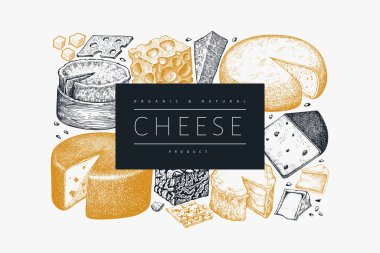 Peynir tasarım şablonu. El çizimi vektör sütçü çizimi. İşlenmiş stil farklı peynir türleri afişi. Retro gıda arka planı.