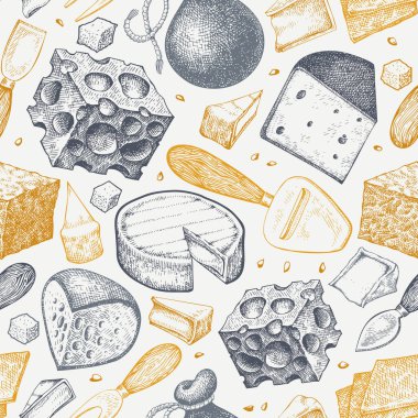 Peynir izi yok. El çizimi vektör sütçü çizimi. İşlenmiş stil farklı peynir türleri. Retro gıda arka planı.