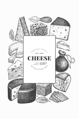 Peynir tasarım şablonu. El çizimi vektör sütçü çizimi. İşlenmiş stil farklı peynir türleri afişi. Retro gıda arka planı.