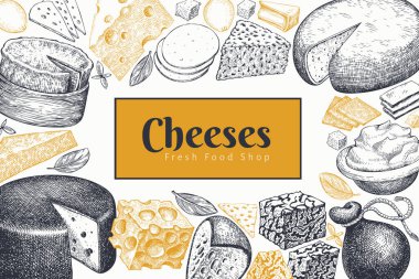 Peynir tasarım şablonu. El çizimi vektör sütçü çizimi. İşlenmiş stil farklı peynir türleri afişi. Retro gıda arka planı.