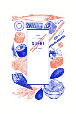 Japanese cuisine design template. Sushi hand drawn vector illustrations. Vintage style sian food background. clipart