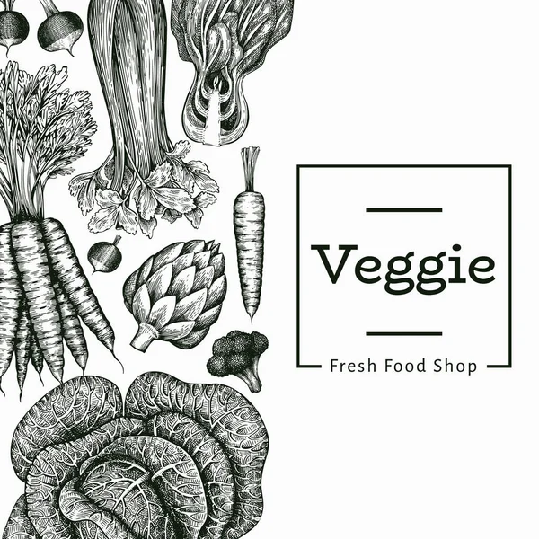 Dibujo Dibujado Mano Diseño Verduras Plantilla Banner Alimentos Frescos Orgánicos — Vector de stock