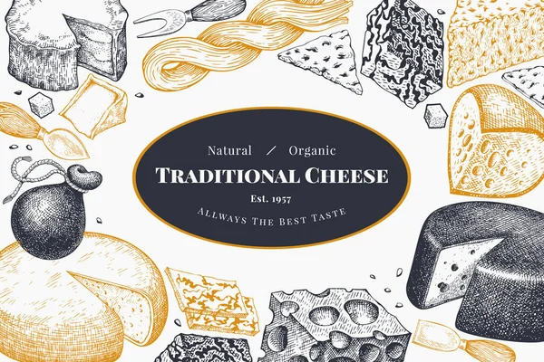 奶酪设计模板 手绘病媒乳制品图解 雕刻风格不同的奶酪类横幅 复古食品背景 — 图库矢量图片