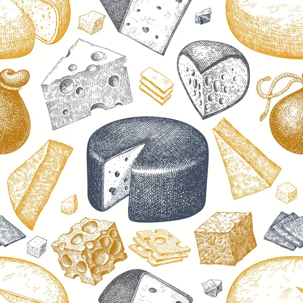 Cheese Seamless Pattern Hand Drawn Vector Dairy Illustration Engraved Style — Stock Vector