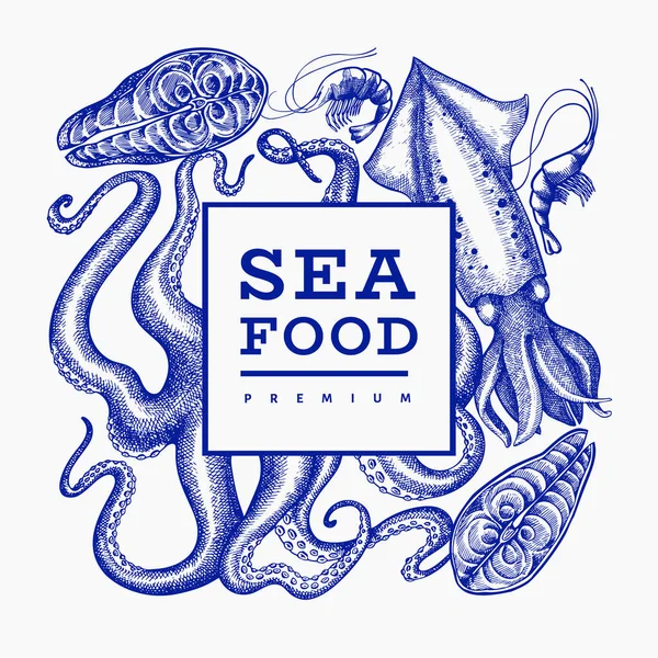 Templat Desain Makanan Laut Ilustrasi Gambar Tangan Makanan Laut Vektor - Stok Vektor