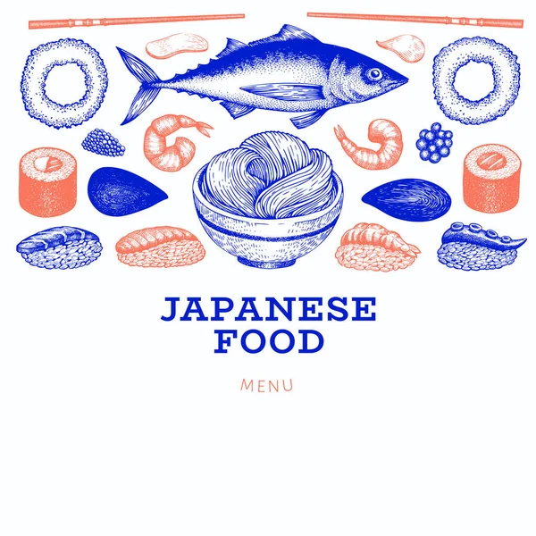 Ιαπωνική Κουζίνα Πρότυπο Σχεδιασμού Χειροποίητες Διανυσματικές Απεικονίσεις Vintage Στυλ Ασιατικό — Διανυσματικό Αρχείο