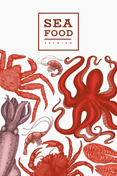 Meeresfrüchte Design Vorlage Handgezeichnete Vektorillustration Von Meeresfrüchten Lebensmittelbanner Mit Gravur — Stockvektor