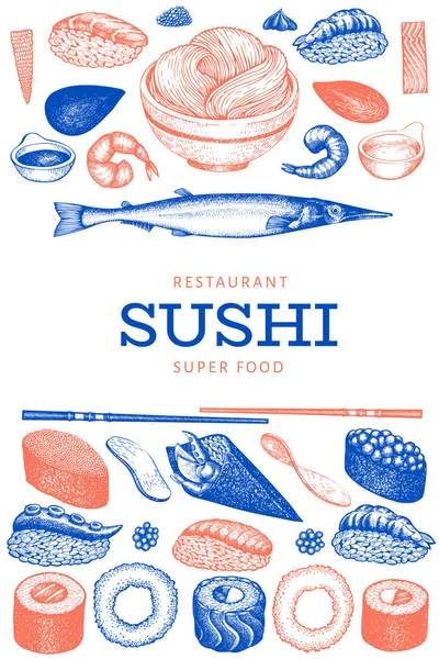 Modello Design Della Cucina Giapponese Illustrazioni Vettoriali Disegnate Mano Sushi — Vettoriale Stock