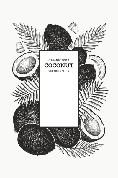 Кокос Пальмовыми Листьями Дизайн Шаблон Ручной Рисунок Векторной Пищи Экзотическое — стоковый вектор